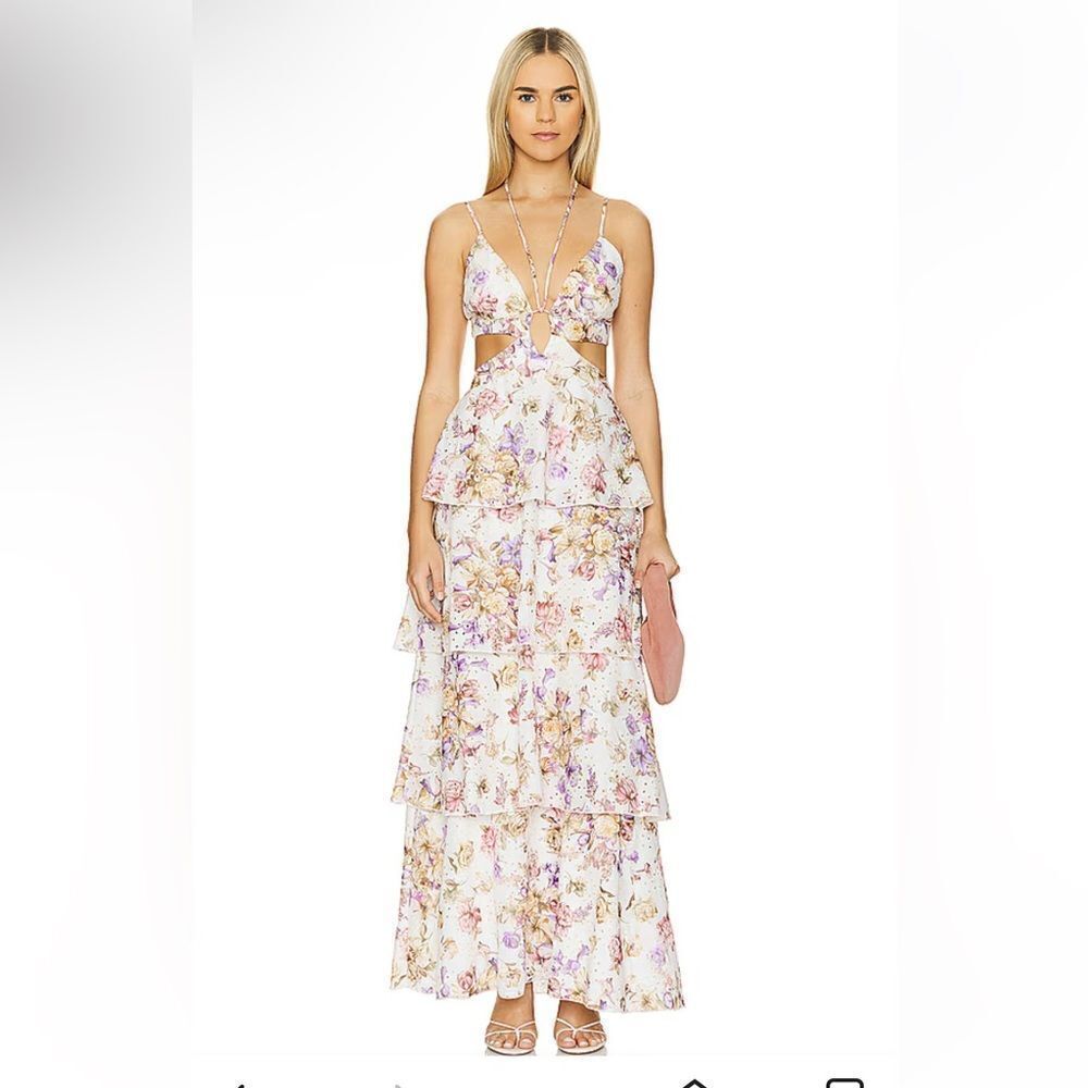 Line & Dot Floret Maxi Dress Pink Multi Eyelet Lace Ruffle Cut Out Revolve Xs